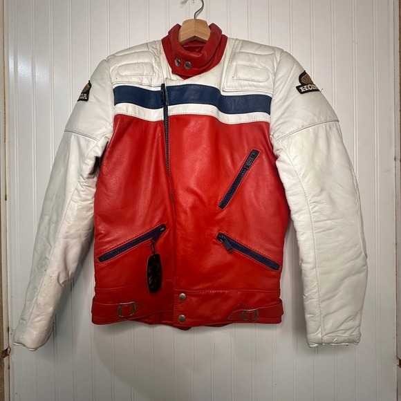 Vintage Honda Leather Motorcycle Racing Jacket Red White Blue Mens Size 42